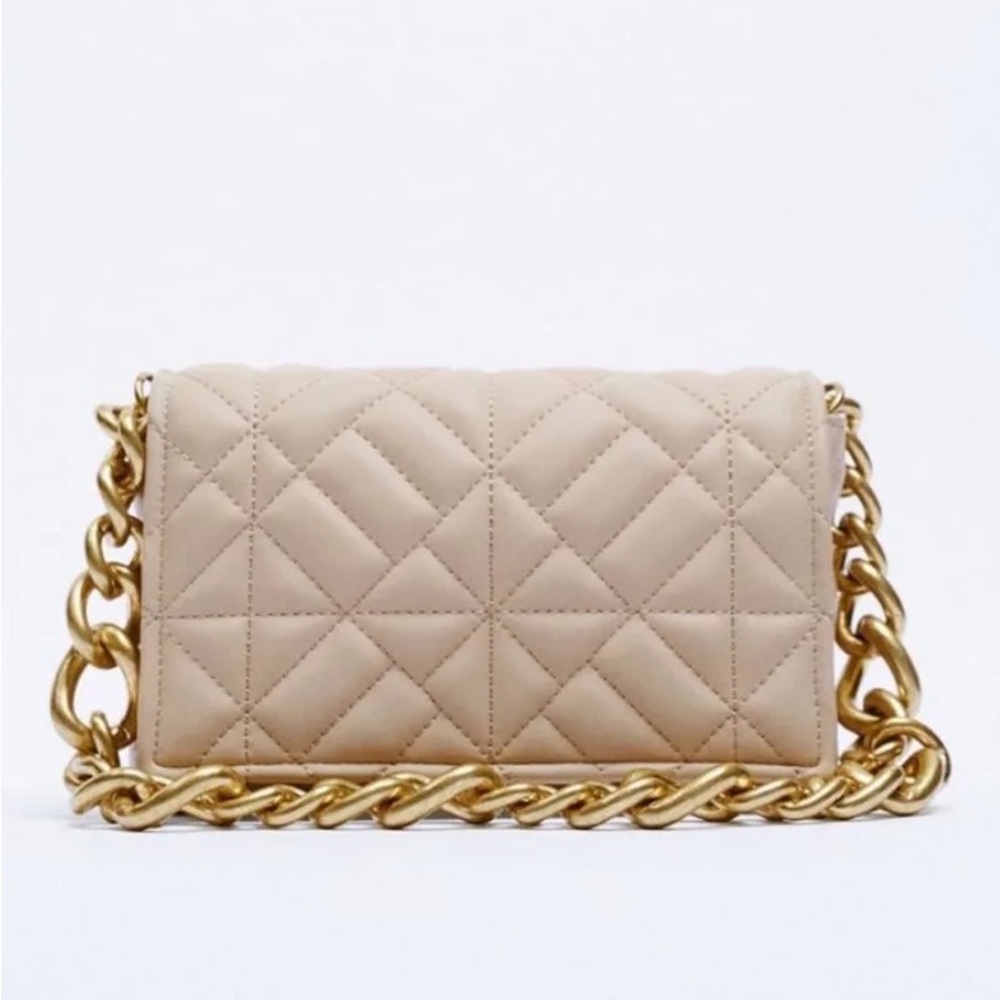 Zara Quilted Tan Chain Shoulder Bag with Gold Chain Strap